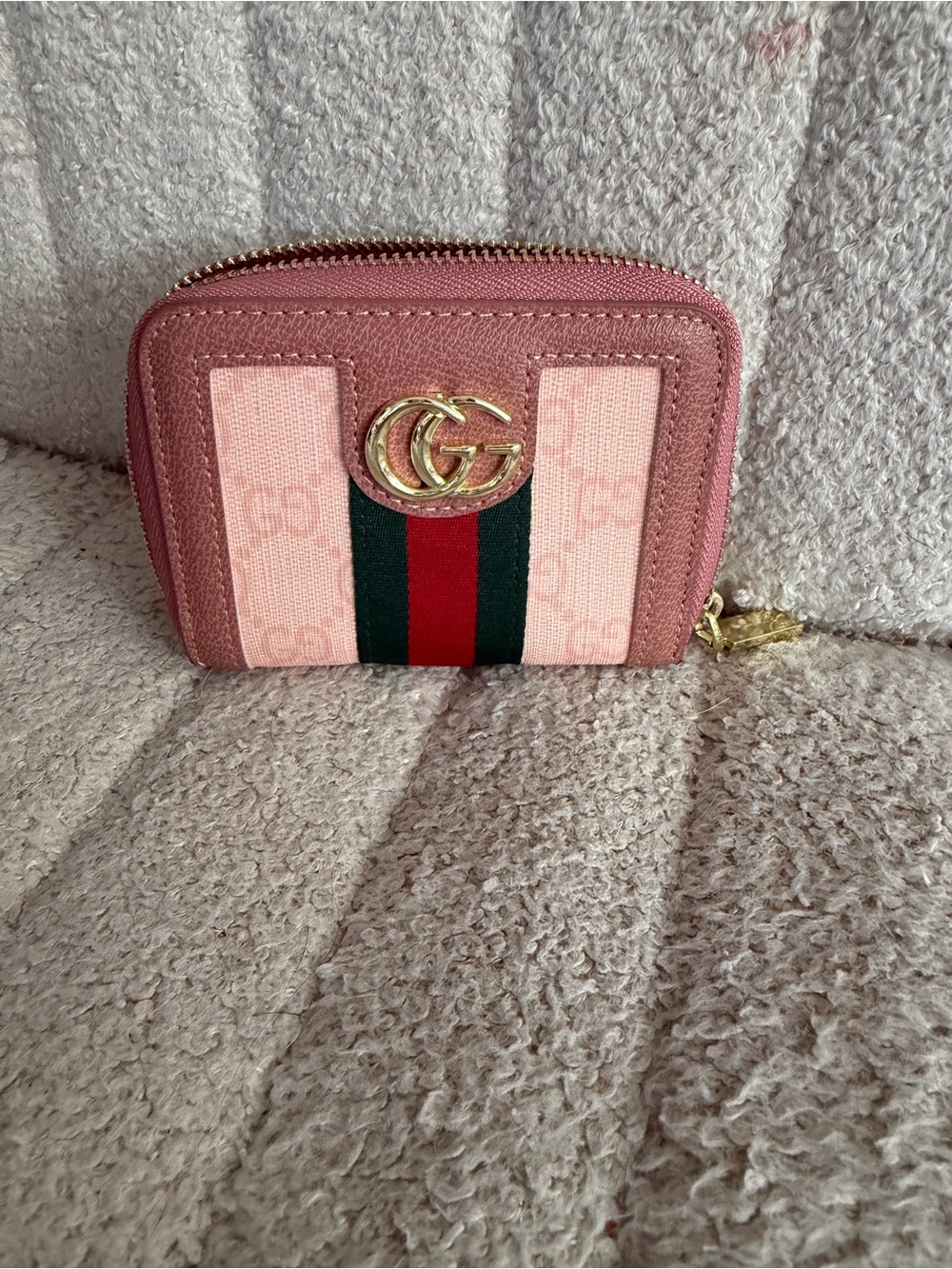 Gucci Pink GG Web Zip-Around Mini Wallet with Gold GG